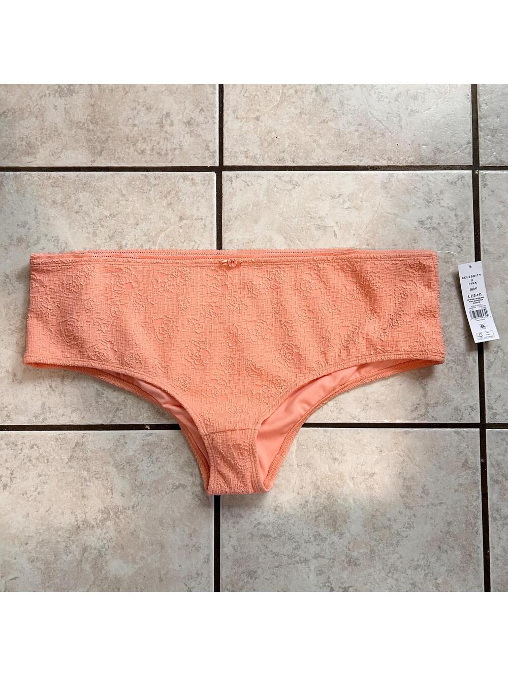 Celebrity Pink Coral Salmon Floral Textured Bikini Bottom Women's Large
